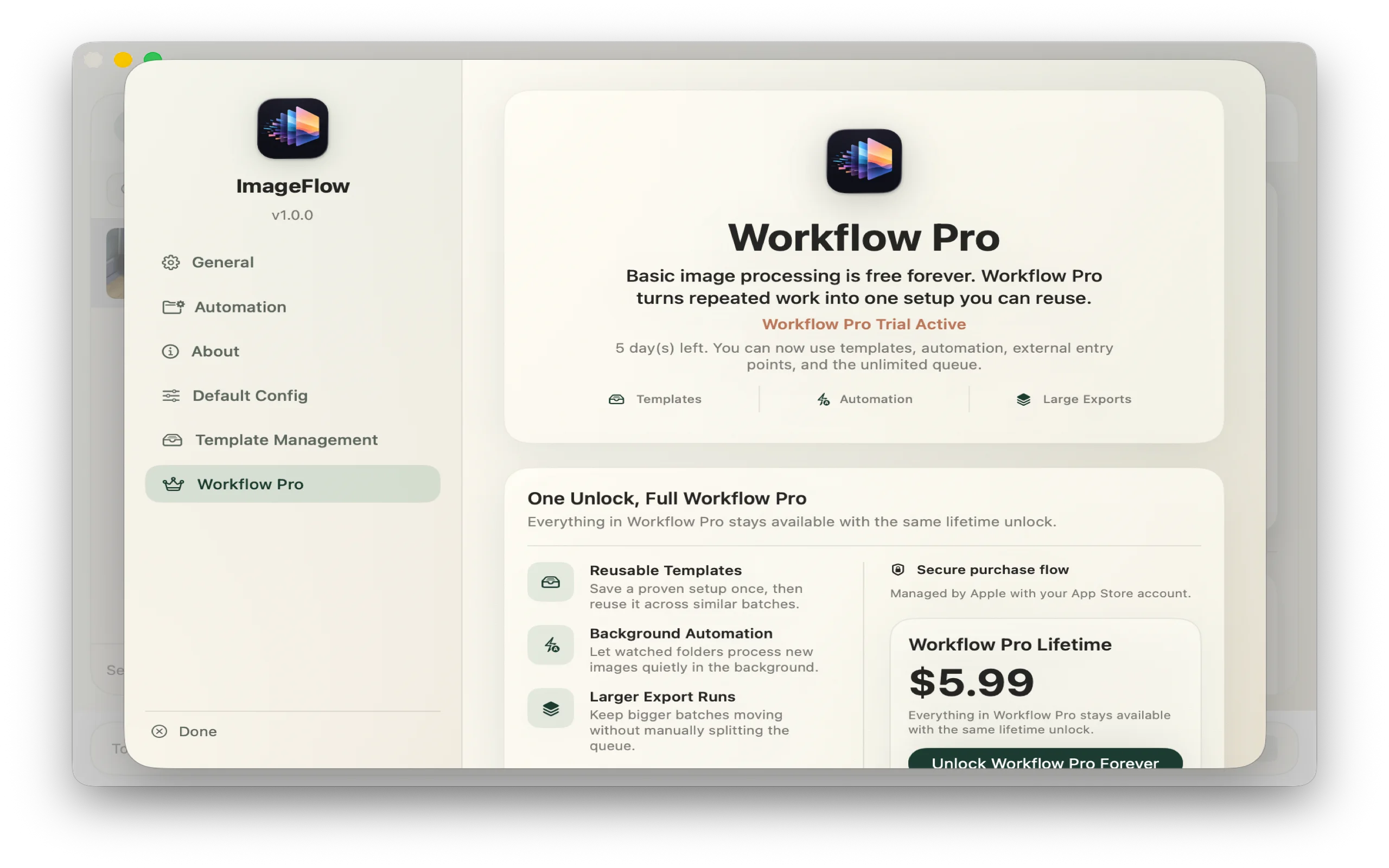 The real ImageFlow Workflow Pro screen showing templates, folder automation, large exports, and the one-time purchase