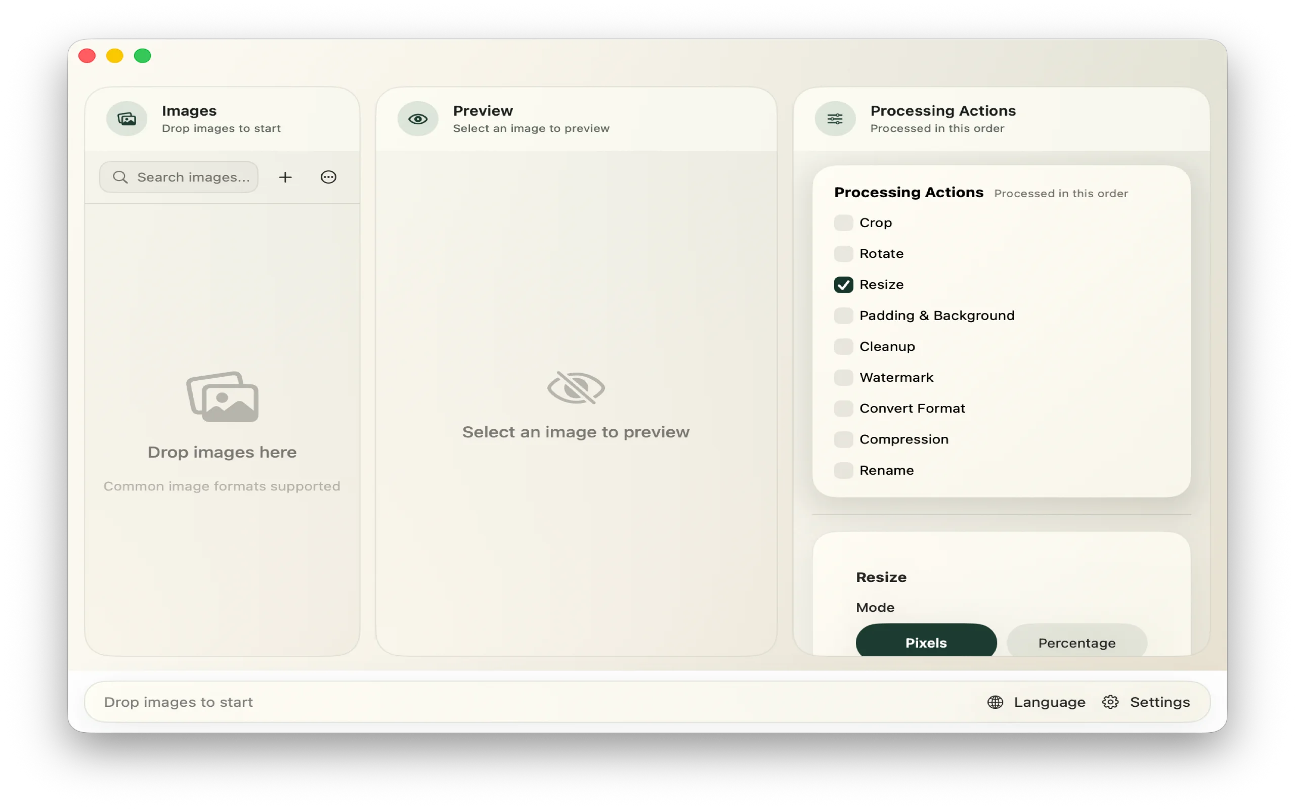 The real ImageFlow workspace showing the image queue, preview area, and processing action list