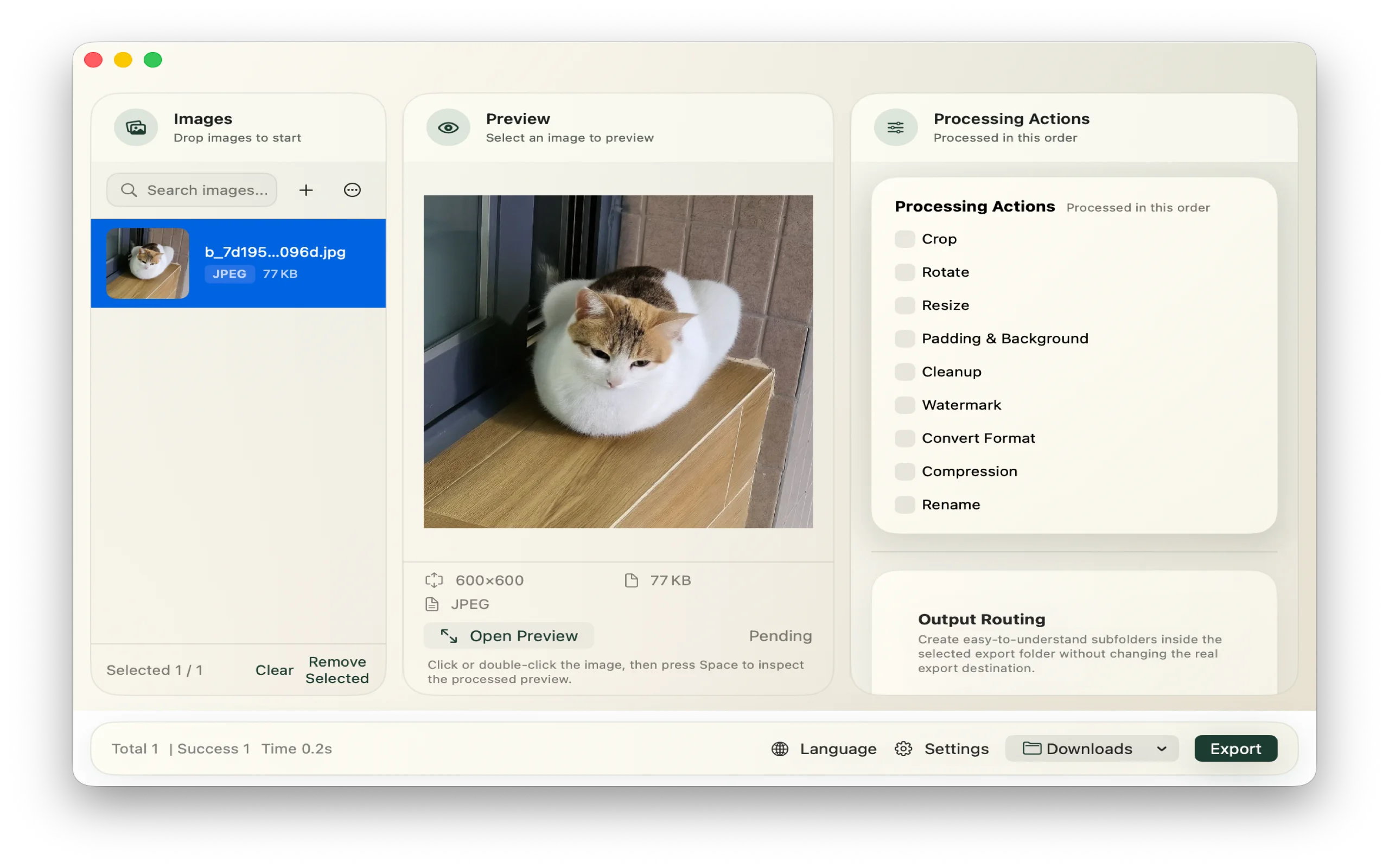 The real ImageFlow Mac workspace showing an imported image, preview, processing actions, and export controls